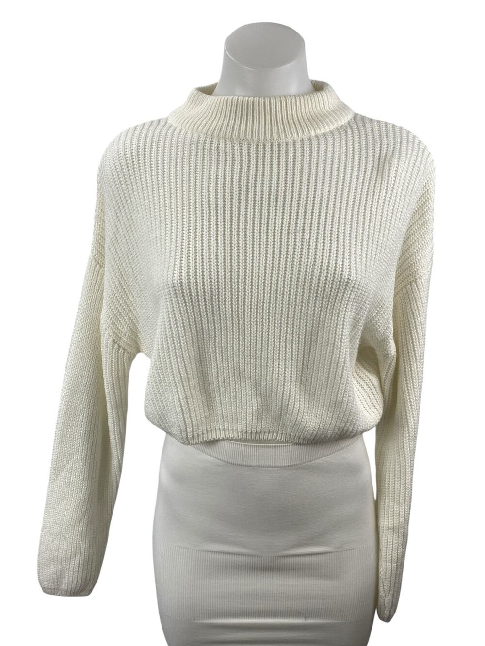 H&M Women's White Ribbed Knit Mock Neck Long Sleeve Cropped Sweater Top Size S